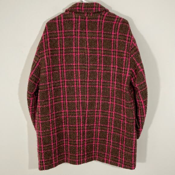Zara Wool Blend Plaid Lapel Mid Length Over Coat Womens Size Large Pink Brown - Picture 6 of 6